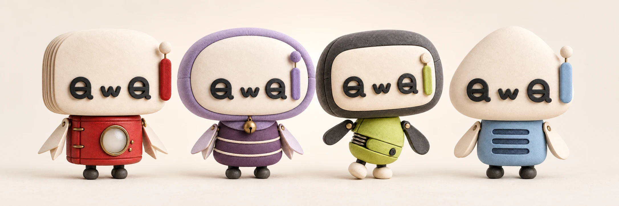 暖かな光の中に並ぶ、赤・紫・緑・青の4体のawaiキャラクター。